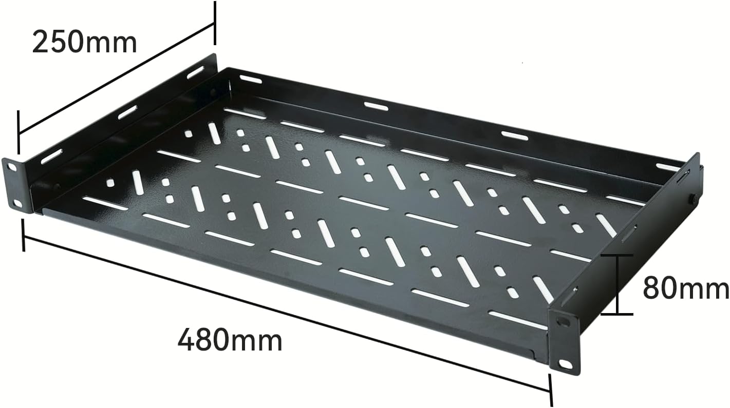 480Ć250Ć80mm Vented Rack Mount Shelf | Heavy-Duty Steel Tray | Fits 19ā Server Rack | Black Powder-Coated Finish