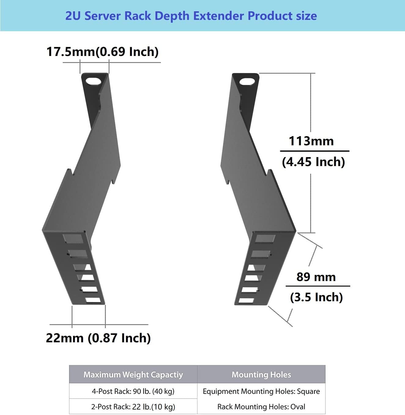 2U Server Rack Depth Extender Bracket | Universal Rack Mount Extension Ears | Fits 2-Post & 4-Post 19” Cabinets