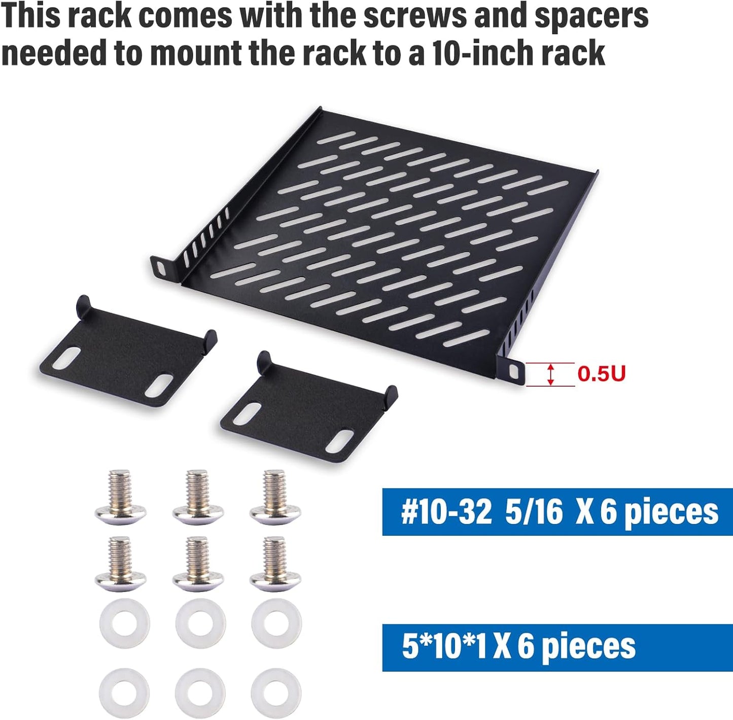 9.84" Metal Ventilated Rack Shelf | Universal Black Mounting Tray | Heavy-Duty Equipment Holder for Network/Server Cabinet
