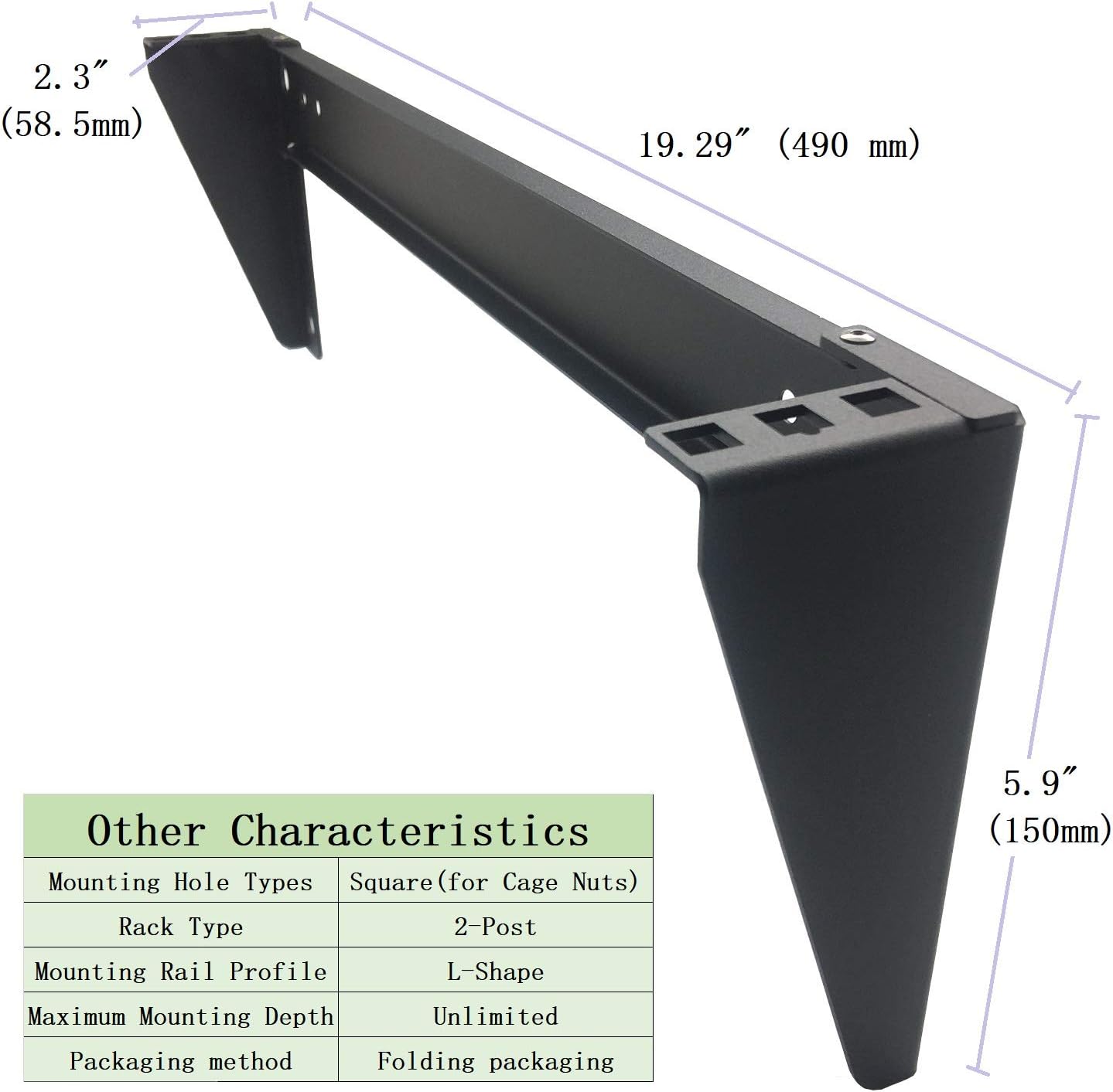 19" 2-Post Rack Mount L-Shaped Bracket Support Arm | Folding Packaging | Square Hole Compatible Server Shelf Rail | Industrial Grade