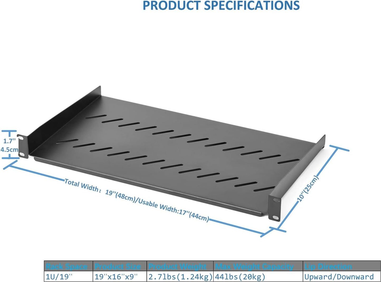 1U Rack Mount Shelf | 19" Universal Ventilated Equipment Tray | 44lbs Load Capacity | Reversible Installation