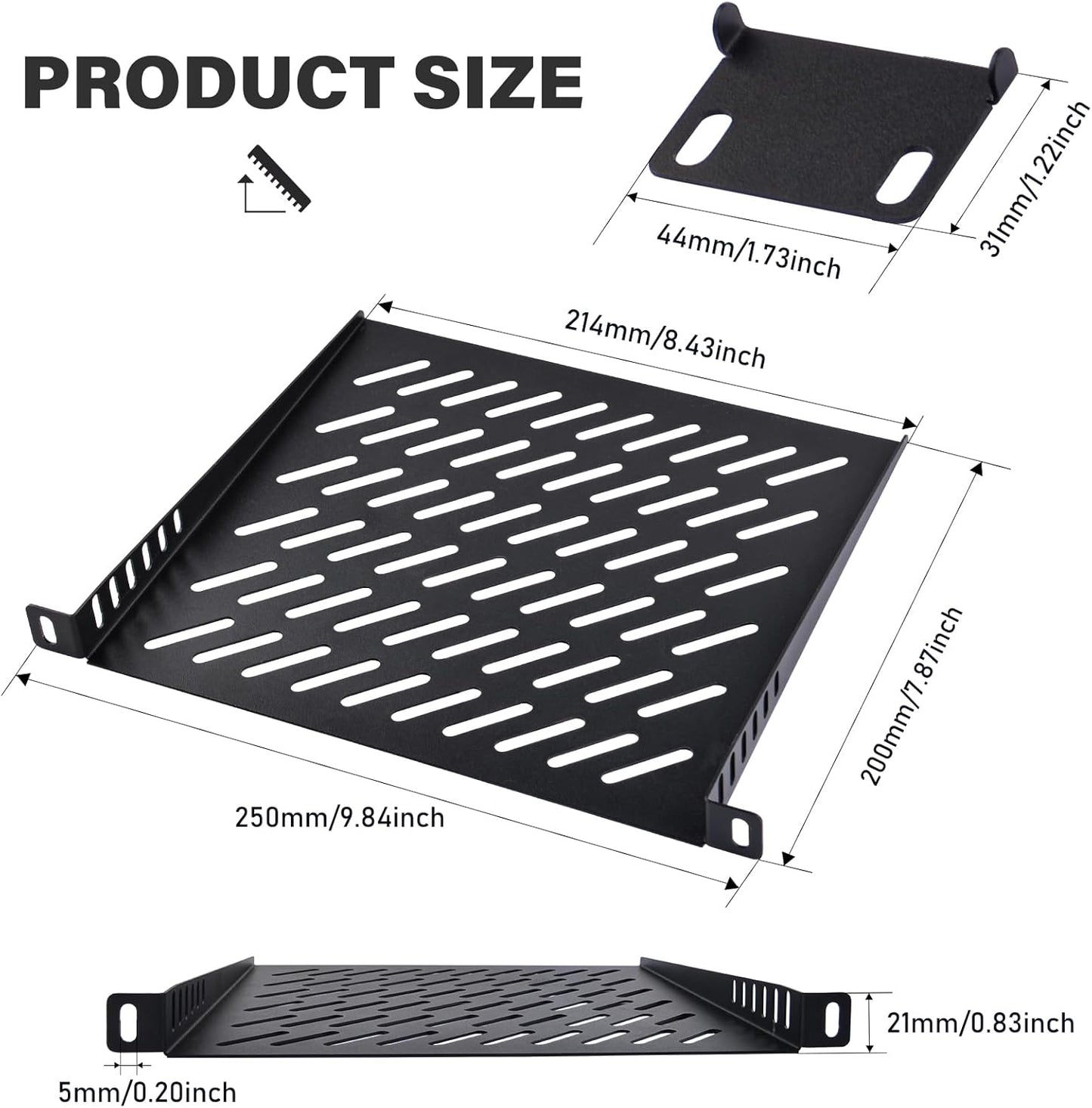9.84" Metal Ventilated Rack Shelf | Universal Black Mounting Tray | Heavy-Duty Equipment Holder for Network/Server Cabinet