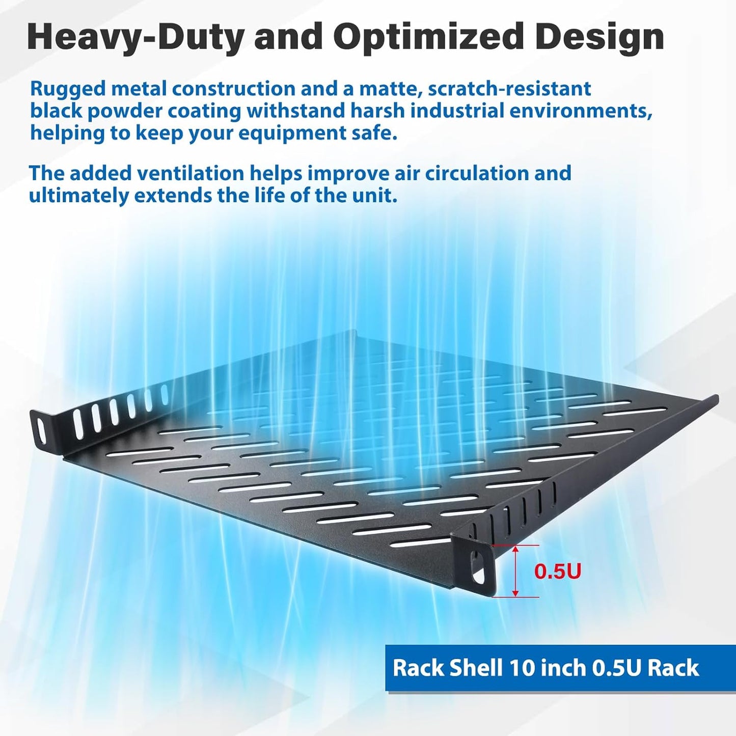 9.84" Metal Ventilated Rack Shelf | Universal Black Mounting Tray | Heavy-Duty Equipment Holder for Network/Server Cabinet